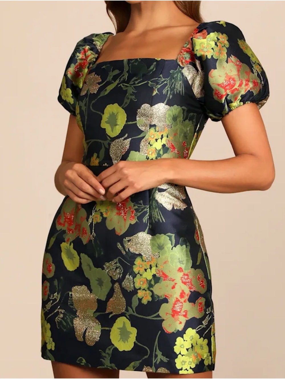 Floral Jacquard Puff-Sleeve Mini Dress in Navy and Green